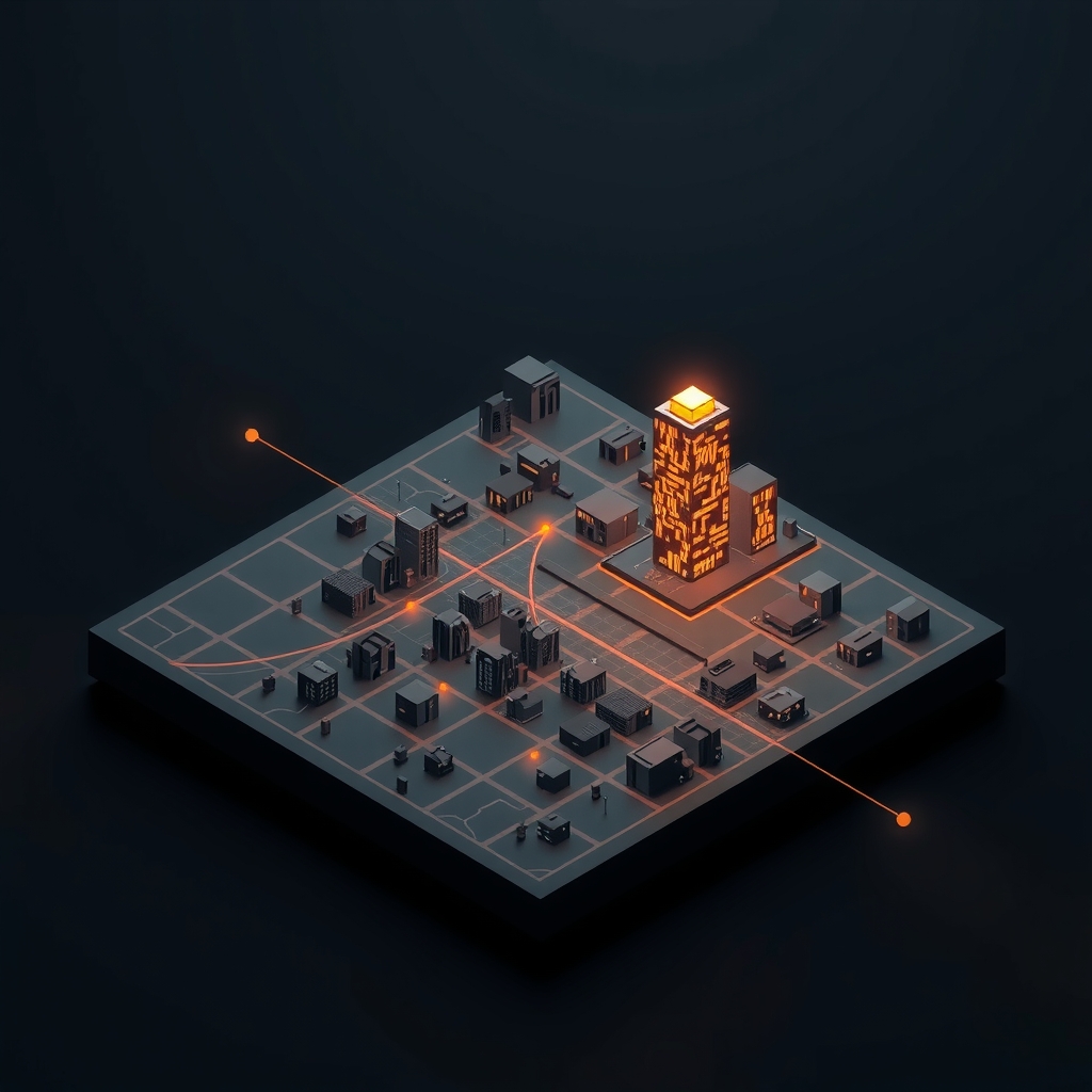 Isometric illustration of a dark local-market grid of dim tax-firm markers with one glowing orange firm standing tall and found first
